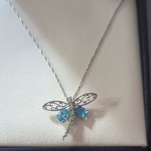 Elegant Silver Dragonfly Necklace with Blue and Green Accents